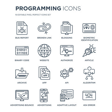 16 linear Programming icons such as Bug report, Broken link, Advertising, advertising Bounce, Algorithm, 404 error modern with thin stroke, vector illustration, eps10, trendy line icon set.
