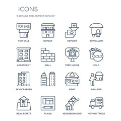 16 linear  icons such as For sale, Duplex, Plans, Real estate, Realtor, Moving truck, Apartment modern with thin stroke, vector illustration, eps10, trendy line icon set.