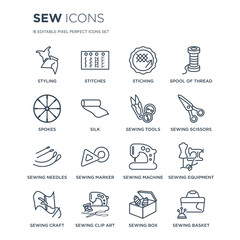 16 linear Sew icons such as styling, Stitches, sewing clip art, Craft, Equipment, Sewing basket, Spokes modern with thin stroke, vector illustration, eps10, trendy line icon set.