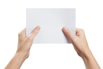 Hands holding a sheet of white paper, isolated on white background