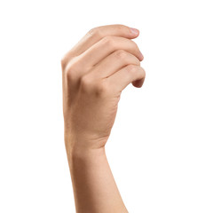 Hand holding something, isolated on white background
