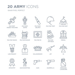 Collection of 20 Army linear icons such as Military robot machine, Knife, Gun, gun shooting, Infantry, militar ship line icons with thin line stroke, vector illustration of trendy icon set.