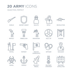 Collection of 20 Army linear icons such as Shield, secret agent, Militaty Medal, Missile, naval, Revolution, Pull up line icons with thin line stroke, vector illustration of trendy icon set.