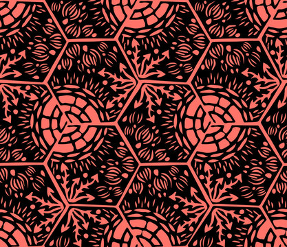 Underwater world. Hexagonal tiles. Seamless pattern. Black and coral colors.