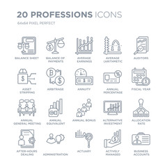 Collection of 20 Professions linear icons such as Balance sheet, payments, Actuary, Administration line icons with thin line stroke, vector illustration of trendy icon set.