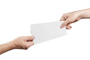 Hand giving two blank sheets of paper (tickets, flyers, invitations, coupons, money, etc.), isolated on white background