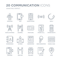 Collection of 20 Communication linear icons such as Speaking, Sms, Mailbox, Meeting, Message, Reply, Phone call, Newspaper line icons with thin line stroke, vector illustration of trendy icon set.