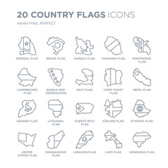 Collection of 20 Country Flags linear icons such as Senegal flag, Brazil Lebanon Madagascar flag line icons with thin line stroke, vector illustration of trendy icon set.