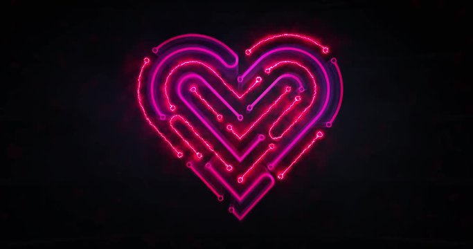 revelation of neon and flare heart shape as integrated circuit, artificial love and intelligence 4k animation seamless loop