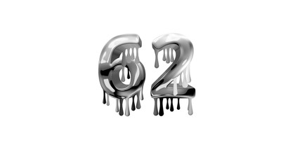 silver dripping number 62 with white background