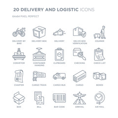 Collection of 20 DELIVERY AND LOGISTIC linear icons such as delivery by bike, Delivery box, Bar code, Bill, Box, Courier line icons with thin line stroke, vector illustration of trendy icon set.