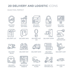 Collection of 20 DELIVERY AND LOGISTIC linear icons such as Delivery shield, delivery Settings, by Plane, Website line icons with thin line stroke, vector illustration of trendy icon set.