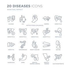Collection of 20 Diseases linear icons such as HIV/AIDS, HIV, Genital Herpes (Herpes Simplex Virus), GERD, Giardiasis line icons with thin line stroke, vector illustration of trendy icon set.