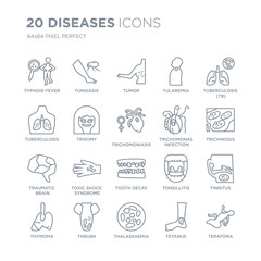 Collection of 20 Diseases linear icons such as Typhoid fever, Tungiasis, Thalassaemia, Thrush, Thymoma, Tuberculosis (TB) line icons with thin line stroke, vector illustration of trendy icon set.