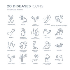 Collection of 20 Diseases linear icons such as Yersiniosis, fever, Ulcers, Uremia, Urticaria, Water-related Diseases, Vitiligo line icons with thin line stroke, vector illustration of trendy icon set.