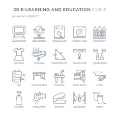 Collection of 20 E-LEARNING AND EDUCATION linear icons such as Whiteboard, Web camera, Stapler, Streaming, Student, University line icons with thin line stroke, vector illustration of trendy icon set.