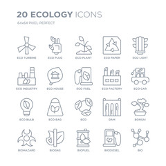 Collection of 20 Ecology linear icons such as eco Turbine, Plug, Biofuel, Biogas, Biohazard, Eco light, Factory,  line icons with thin line stroke, vector illustration of trendy icon set.