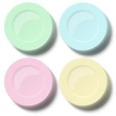 Set of empty classic plates, dishes of different colors - light green, blue, rosy, yellow standing one on other in a pile and isolated on white background. View from above. Vector illustration.