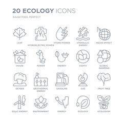 Collection of 20 Ecology linear icons such as Leaf, Hydroelectric power station, Energy, Environment, Eolic energy line icons with thin line stroke, vector illustration of trendy icon set.