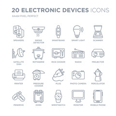 Collection of 20 Electronic devices linear icons such as Speakers, smoke detector, Wristwatch, Oven, Pendrive, Scanner, Radio line icons with thin line stroke, vector illustration of trendy icon set.