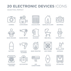 Collection of 20 Electronic devices linear icons such as Camera, Camcorder, Air conditioner, purifier, answering machine line icons with thin line stroke, vector illustration of trendy icon set.