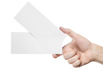 Fototapeta premium Male hand holding two blank sheets of paper (tickets, flyers, invitations, coupons, banknotes, etc.), isolated on white background
