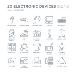Collection of 20 Electronic devices linear icons such as Microphone, leaf blower, Fax Machine, food processor, furnace line icons with thin line stroke, vector illustration of trendy icon set.