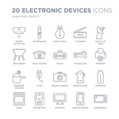 Collection of 20 Electronic devices linear icons such as smoke detector, Smartband, Monitor, mousetrap, Oven, Satellite dish line icons with thin line stroke, vector illustration of trendy icon set.