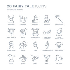 Collection of 20 Fairy Tale linear icons such as Minotaur, Merman, hero, Hydra, Joker, Magic wand, Loch ness monster, King line icons with thin line stroke, vector illustration of trendy icon set.