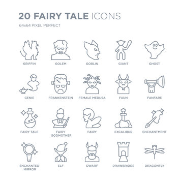 Collection of 20 Fairy Tale linear icons such as Griffin, Golem, Dwarf, Elf, Enchanted mirror, Ghost, Faun, Fairy, tale line icons with thin line stroke, vector illustration of trendy icon set.