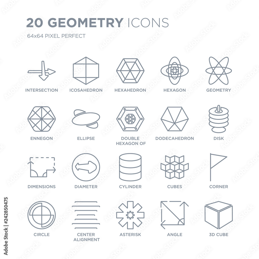 Poster collection of 20 geometry linear icons such as intersection, icosahedron, asterisk, center alignment