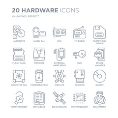 Collection of 20 hardware linear icons such as Harddrive, Handy Cam, Big Satellite, Tablet, tooth Headset line icons with thin line stroke, vector illustration of trendy icon set.