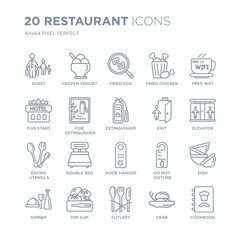 Collection of 20 Restaurant linear icons such as Guest, Frozen yogurt, Cutlery, Dim sum, Dinner, Free wifi, Exit, Door hanger line icons with thin line stroke, vector illustration of trendy icon set.