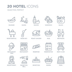 Collection of 20 Hotel linear icons such as Sausage, Sauna, Reception, Reception bell, Receptionist, Salad, Rice, Reserved line icons with thin line stroke, vector illustration of trendy icon set.