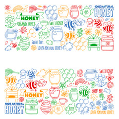 Vector image of bees, organic farm honey. Pattern with summer flowers. Healthy food.