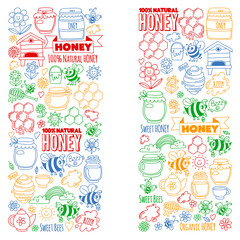 Vector image of bees, organic farm honey. Pattern with summer flowers. Healthy food.