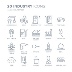 Collection of 20 Industry linear icons such as Harbor crane, Gear, Chimney, Clamp, Co2, Fuel truck, Factory, Drilling line icons with thin line stroke, vector illustration of trendy icon set.