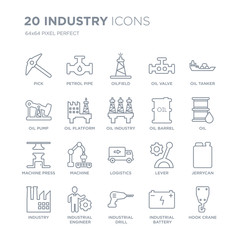 Collection of 20 Industry linear icons such as Pick, petrol Pipe, industrial Drill, Engineer, Industry, Oil tanker line icons with thin line stroke, vector illustration of trendy icon set.