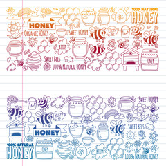 Vector image of bees, organic farm honey. Pattern with summer flowers. Healthy food.