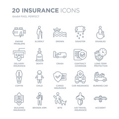 Collection of 20 Insurance linear icons such as Engine problems, Elderly, Bite, Broken arm, Building insurance, Disabled line icons with thin line stroke, vector illustration of trendy icon set.