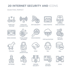 Collection of 20 INTERNET SECURITY AND linear icons such as Wireless router, connection, Server security, Spam line icons with thin line stroke, vector illustration of trendy icon set.