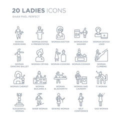 Collection of 20 Ladies linear icons such as Woman Exercising, Doing a Presentation, Sewing Woman, Skier line icons with thin line stroke, vector illustration of trendy icon set.