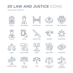 Collection of 20 law and justice linear icons such as policy, Policeman, Law, justice, Balance, Police badge line icons with thin line stroke, vector illustration of trendy icon set.