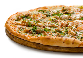 Pizza close-up, on a white background, shallow depth of field