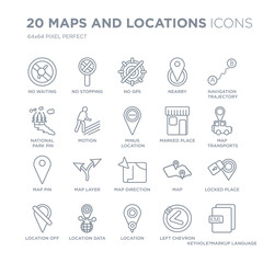 Collection of 20 Maps and Locations linear icons such as No waiting, stopping, Location, location data, Location off line icons with thin line stroke, vector illustration of trendy icon set.