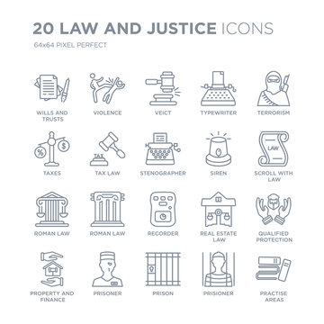Collection of 20 law and justice linear icons such as wills trusts, Violence, Prison, Prisoner, property finance line icons with thin line stroke, vector illustration of trendy icon set.