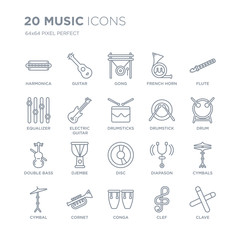 Collection of 20 Music linear icons such as Harmonica, Guitar, Conga, cornet, Cymbal, Flute, Drumstick, Disc, Double bass line icons with thin line stroke, vector illustration of trendy icon set.