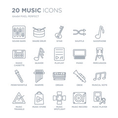 Collection of 20 Music linear icons such as Sound bars, Snare drum, music Spotlight, store, Triangle, Saxophone line icons with thin line stroke, vector illustration of trendy icon set.