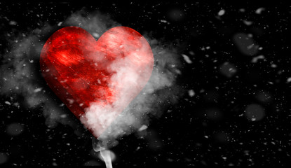 Romantic love  red heartы with smoke on background for copy space. With snow texture overlays