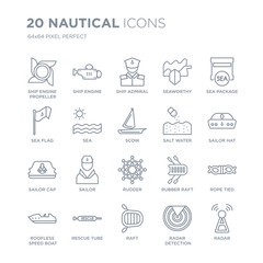 Fototapeta na wymiar Collection of 20 Nautical linear icons such as Ship Engine Propeller, Engine, Raft, Rescue Tube, Roofless Speed Boat line icons with thin line stroke, vector illustration of trendy icon set.